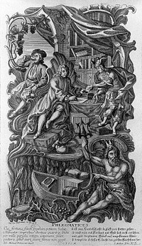 Neptune presiding over a businessman making money through investment and a man drinking beer; representing the phlegmatic temperament. Etching by J.D. Nessenthaler.