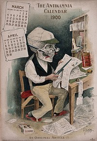 A skeleton dressed as a writer cutting out newspaper articles. Lithograph by L. Crusius, 1900.