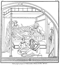 The birth of the Virgin . Line engraving after a fresco in Santa Maria Novella, Florence.