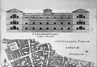 St Luke's Hospital, Cripplegate, London, with a map of Cripplegate Ward and the armorial device of John Blachford. Engraving by B. Cole, 1755.