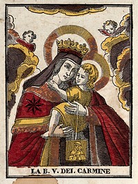 The Blessed Virgin of Mount Carmel. Coloured woodcut.