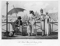 A blind man sits under an umbrella with his dog, a girl with her mother gives him some money, while a soldier and wife contemplate; the Seine and Louvre in the background. Aquatint, 1822.