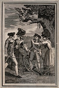 Two women are attempting to help settle a dispute between two suitors. Engraving and etching.