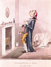 An elderly man throwing his head back to swallow some pills and in the process tossing water all over himself. Coloured aquatint after M. Egerton, 1827.