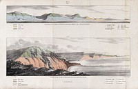 Geology: sections of the Dorset and Devonshire coastline, showing types of rock. Coloured lithograph by G. Scharf after H. Cornish.