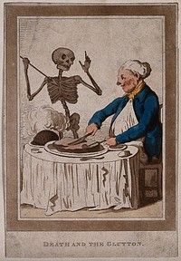 Death and the glutton. Coloured aquatint.