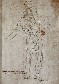 The figure of Paetus from a group of Paetus and Arria. Pen and ink drawing after G. Audran.