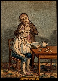 A grimacing invalid seated before a bowl having received an emetic, another man clasps his head compassionately. Coloured etching after J. Gillray after J. Sneyd.