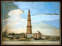 Delhi: Qutab Minar, adjoining ruins and the tomb of Imam Zamin. Watercolour by Ghulam Ali Khan, ca. 1820.