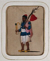 A man smoking a hookah pipe and holding a branch with a red object hanging from it. Gouache painting on mica by an Indian artist.