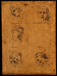 Five faces expressing human passions: (clockwise from top left:) compassion, sadness and dejection of heart, a profile and frontal view of dejection, and sadness. Pen drawing after C. Le Brun.