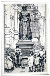 The statue of Florence Nightingale in Waterloo Place, Westminster, with a veteran of the Crimean War and children. Drawing by John Byam Shaw.