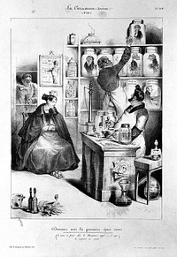 A pharmacist (Louis Phillippe) making up a prescription for a seated lady, surrounded by figures in apothecary jars; representing members of the French government and various political matters. Lithograph by J.I. Grandville, 1832.