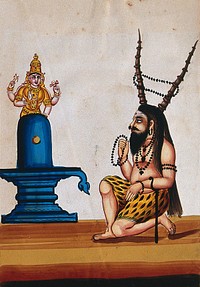 A maharishi praying to a Shiva lingam. Gouache painting by an Indian artist.