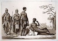 Khoi people of the Gonaqua kingdom, southern Africa. Aquatint by G. Gallina, ca. 1819, after F. Le Vaillant.