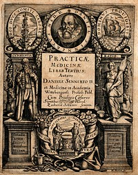Above, portrait of Daniel Sennert in a roundel; centre, a man representing Experience holds the staff of Aesculapius and a lily, while a woman representing Reason holds a balance and a torch; below, Hippocrates and Hermes shake hands, representing the union of herbal and chemical medicine. Engraving by M. Merian, ca. 1631.