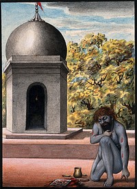 A Hindu ascetic or holy man, performing austerities outside a temple . Watercolour, ca. 1880 .