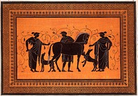 A vase-painting: a man with a horse, two hounds and two women. Coloured engraving, 17--.