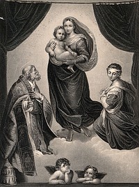 Saint Mary (the Blessed Virgin) with the Christ Child, Saint Sixtus, Saint Barbara and angels. Engraving by A. Duncan after Raphael.