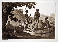 Ethiopia: six Ethiopians resting, and the sailor Pierce in Ethiopian dress. Aquatint by C. Botigela, ca. 1819, after H. Salt.