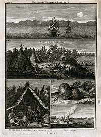 Sailing ships at sea, turnip-like plants found in northern Russia and the Samoyed people with their tents and boats, in separate plates. Engraving after C. de Bruin, 1701.