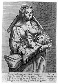 A woman breast-feeding her child. Line engraving by MD after J.Ch., [16--].