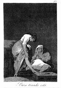 A young woman casting aside her virginity to become a prostitute. Etching by F. Goya, 1796/1798.