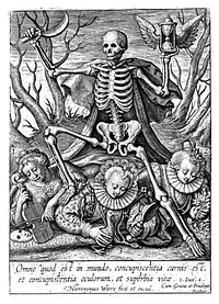 Death tramples on three female allegorical figures representing sensual pleasures. Etching by Hieronymus Wierix.