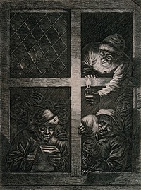 One man is leaning out of a window holding a candle for his companion to read the letter to all the listeners. Engraving after Adriaen van Ostade.