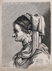 An old woman with a crumpled face, wearing elaborate costume; a physiognomic caricature. Engraving by B. Bossi, 1776, after himself.