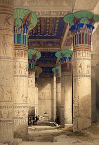 Philae, Egypt: the hypostyle hall within the temple of Isis. Coloured lithograph by Louis Haghe after David Roberts, 1846.