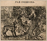 A fox talking to a chicken; representing a fable by Aesop on false friendship. Etching by C. Murer after himself, c. 1600-1614.