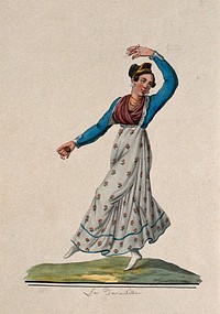 A young woman dancing the tarantella. Watercolour.