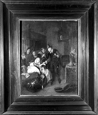 A medical practitioner taking a girl's pulse and holding a flask of her urine, with four other figures on the left and a maid opening a door on the right. Oil painting after Richard Brakenburg.