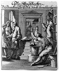 An apothecary is making up a prescription for waiting customers, another takes a jar down from a shelf. Engraving by J.C. Weigel.