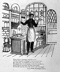 A pharmacist making up a prescription in his shop. Coloured woodcut.