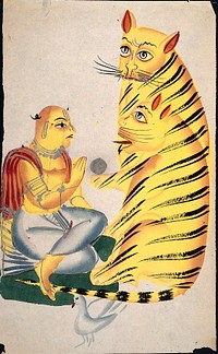 A holy man with two tigers. Watercolour drawing, 186- .