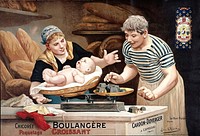 A baker and his wife weighing their baby, representing an advertisement for "Boulangère" chicory. Chromolithograph by L. Olivié, ca. 1890.