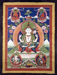 The Bodhisattva Avalokiteśvara surrounded by other Buddhist deities. Distemper painting.