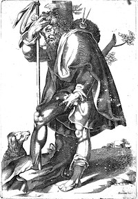 Saint Roch with his dog, indicating a plague bubo on his groin. Line engraving by PL after B. Passarotti, ca. 1580.
