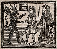 Witchcraft: the devil talking to a gentleman and a judge  in a circle. Woodcut, 1720.