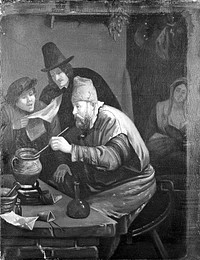An alchemist. Oil painting after Jan Havicksz. Steen, with a mirror below.