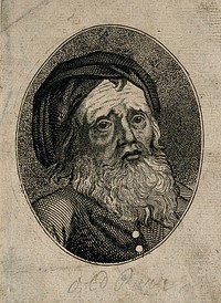 Thomas Parr, said to have died aged 152 years. Engraving.