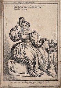 Lady Conyngham sitting on a stool with her hand on a crown. Etching by William Heath.