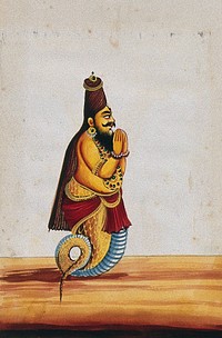 A maharishi (Patañjali) with the head and torso of a man and a tail of a serpent or fish, with hands joined in reverence. Gouache painting by an Indian artist.