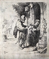 A rat-catcher and his young assistant standing at a doorway are having their services refused by an old man; the rat-catcher holds a long stick with a cage on top containing rats, on his right shoulder sits a rat. Etching by F.J. Crome, 1817, after Rembrandt van Rijn, c. 1632.