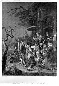 An itinerant medicine vendor selling his wares to a small group of country people. Engraving by W. French after G. Dou.