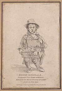 Henry Dimsdale, an eccentric muffin seller who calls himself 'Mayor of Garratt'. Etching, 1815, after J.T. Smith.