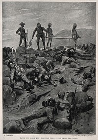 Boer War: sorting the dead from the wounded at Spion Kop. Process print after A. Forestier after F. Villiers.