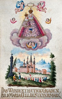 The Virgin of Mariazell and a view of Mariazell with pilgrims. Gouache on parchment.